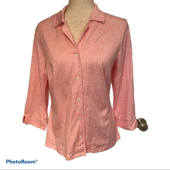 J. McLAUGHLIN TOP PINK WHITE BUTTONS COLLAR 3/4 SLEEVE SIZE L - Picture 4 of 11